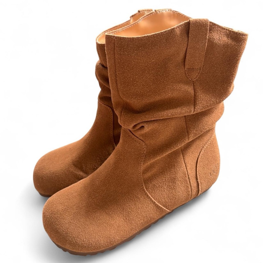 Suede Slouchy Mid-Calf Boots in Warm Cognac